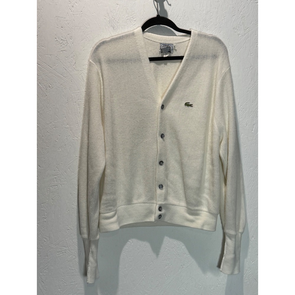 Vintage 80s Izod Lacoste White Cardigan Sweater Mens Medium Crocodile Logo